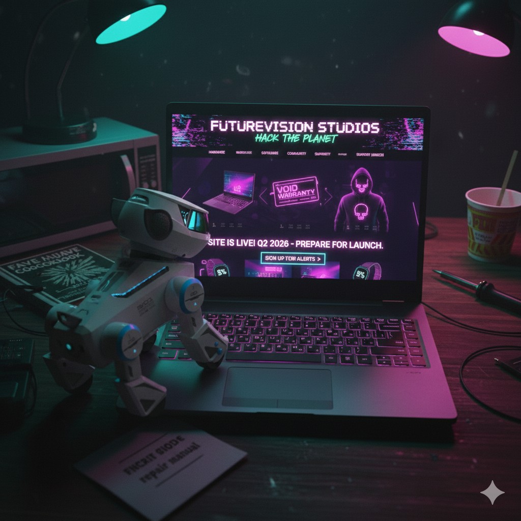 The Wocky — hardcore hacker work laptop on the FutureVision Studios desk