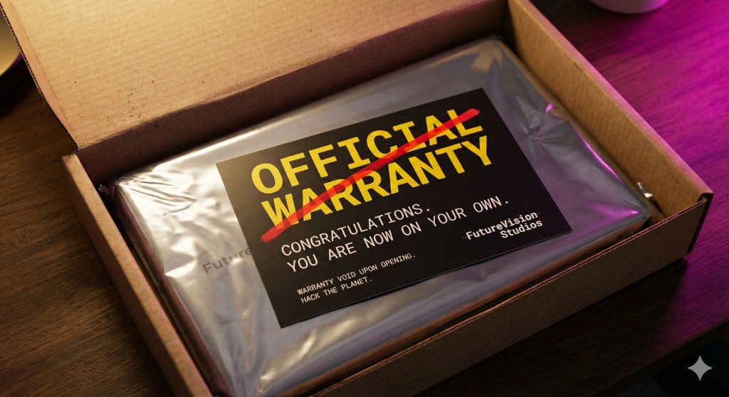 Official Warranty void card — FutureVision Studios — HACK THE PLANET